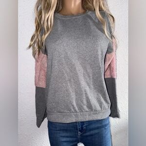 Cozy Gray Sweatshirt with Pink Sherpa Elbow Patch